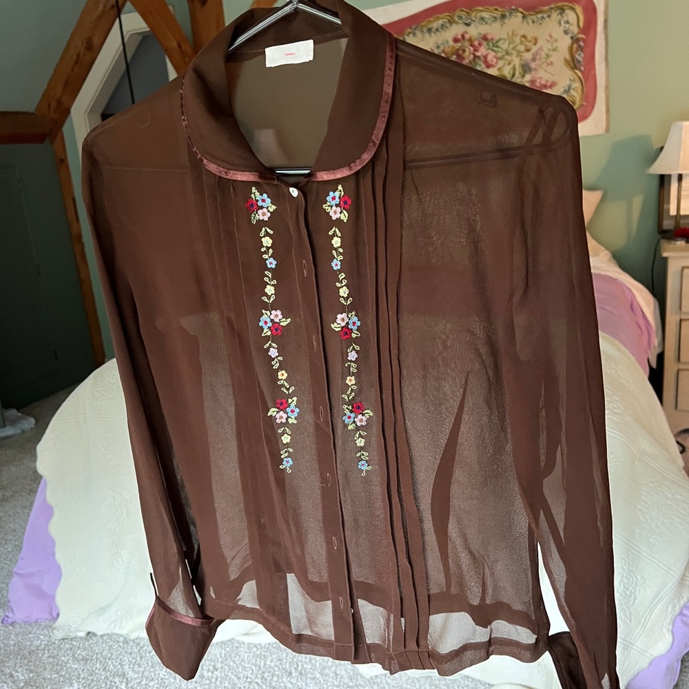 Designers Originals Sheer Brown Blouse with Floral Embroidery - Picture 6 of 7